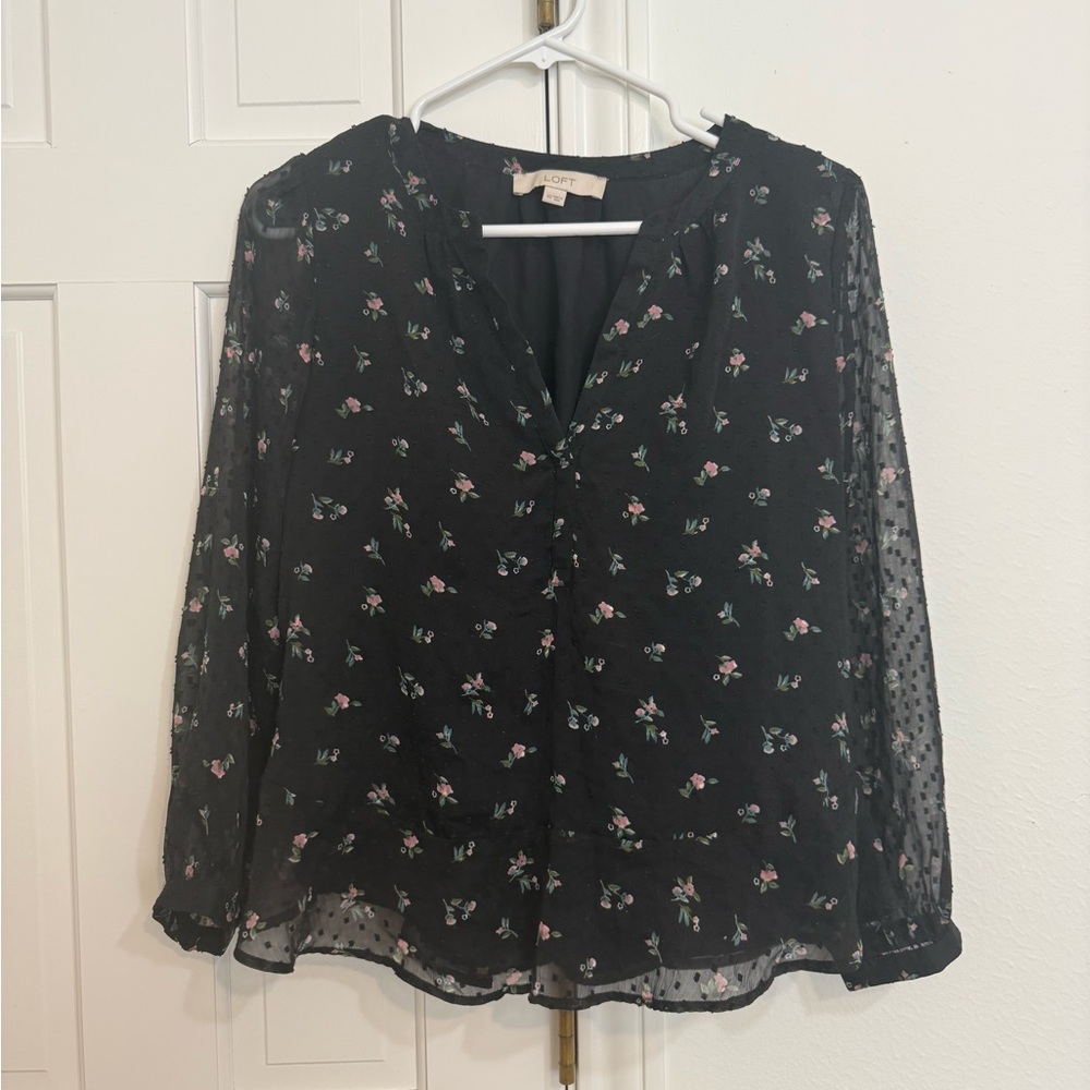 LOFT Black Floral Sheer Women's Blouse